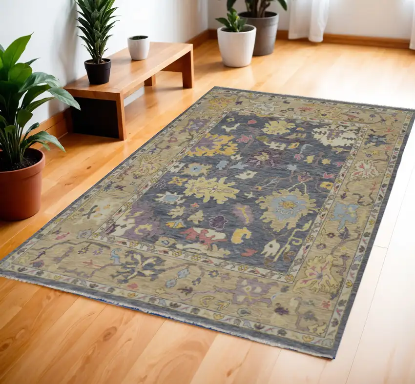 Gold Blue and Purple Wool Oriental Hand Knotted Area Rug With Fringe Photo 1