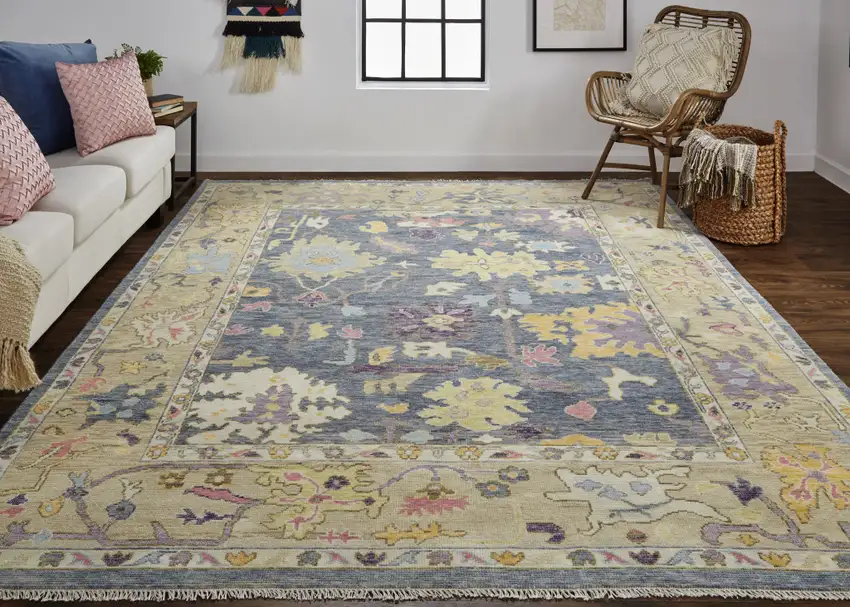 Gold Blue and Purple Wool Oriental Hand Knotted Area Rug With Fringe Photo 9