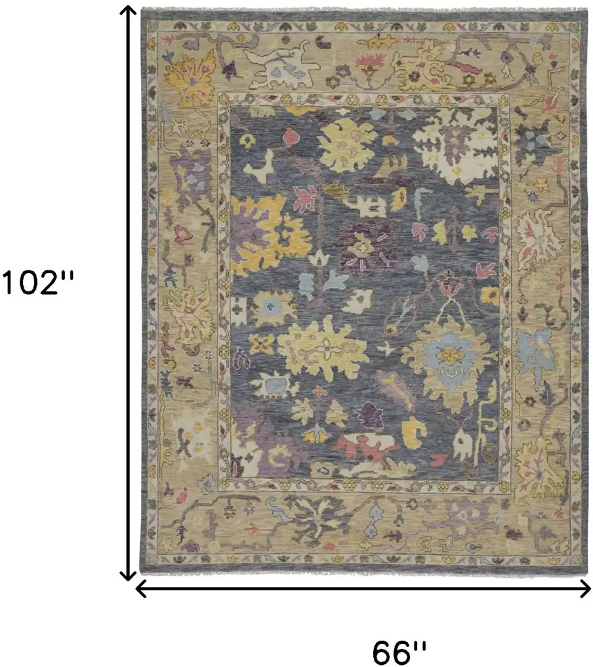 Gold Blue and Purple Wool Oriental Hand Knotted Area Rug With Fringe Photo 3
