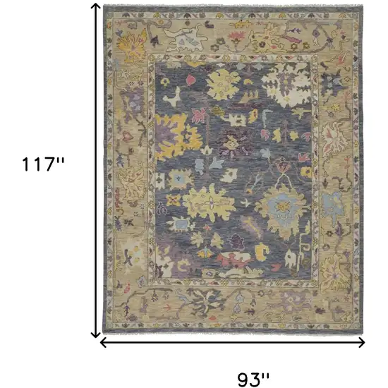 Gold Blue and Purple Wool Oriental Hand Knotted Area Rug With Fringe Photo 3