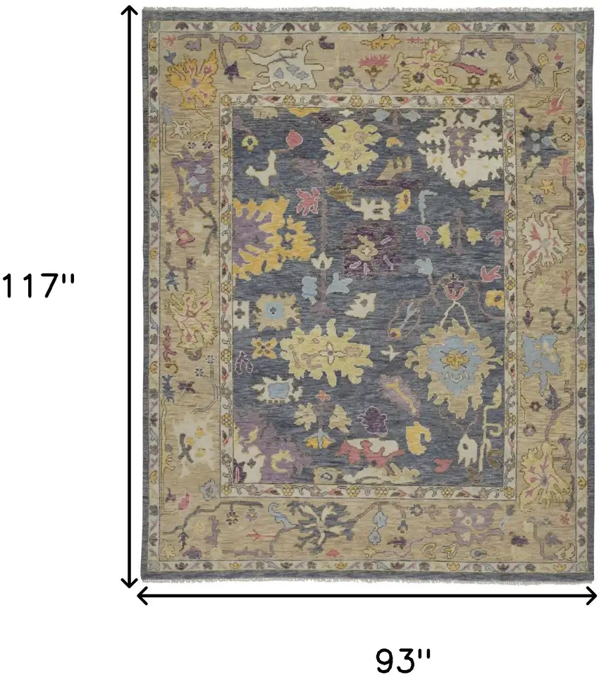 Gold Blue and Purple Wool Oriental Hand Knotted Area Rug With Fringe Photo 3