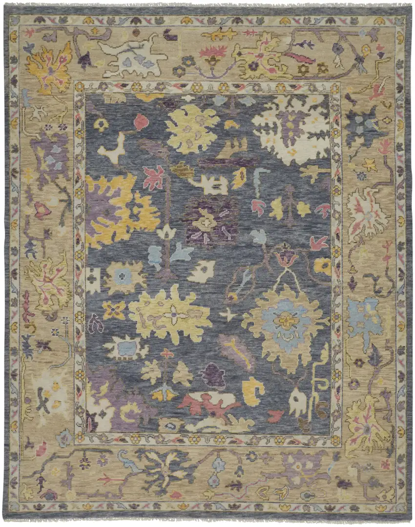 Gold Blue and Purple Wool Oriental Hand Knotted Area Rug With Fringe Photo 2