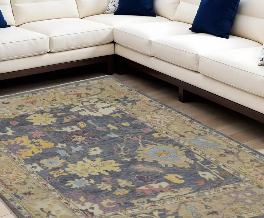 Gold Blue and Purple Wool Oriental Hand Knotted Area Rug With Fringe Photo 1
