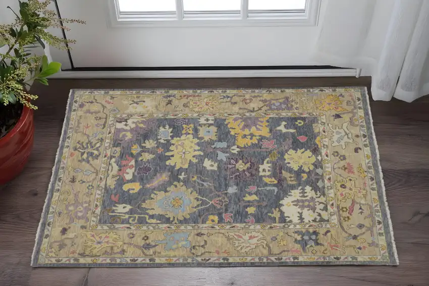 Gold Blue and Purple Wool Oriental Hand Knotted Area Rug With Fringe Photo 1
