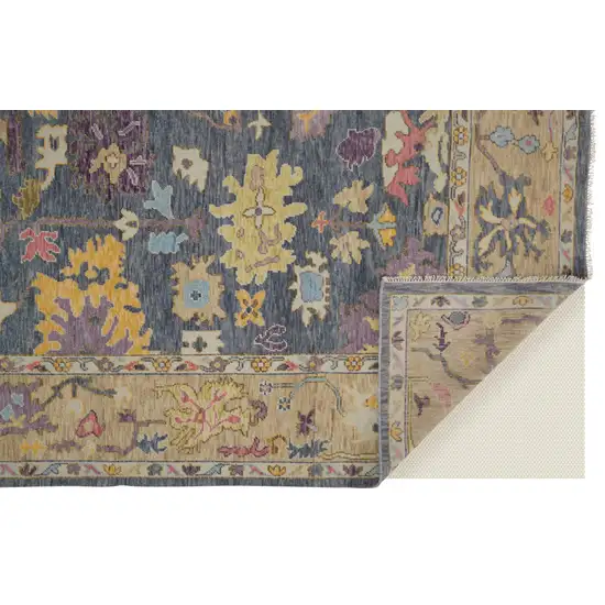 Gold Blue and Purple Wool Oriental Hand Knotted Area Rug With Fringe Photo 4