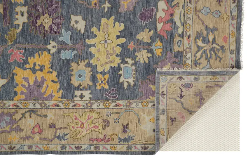 Gold Blue and Purple Wool Oriental Hand Knotted Area Rug With Fringe Photo 4