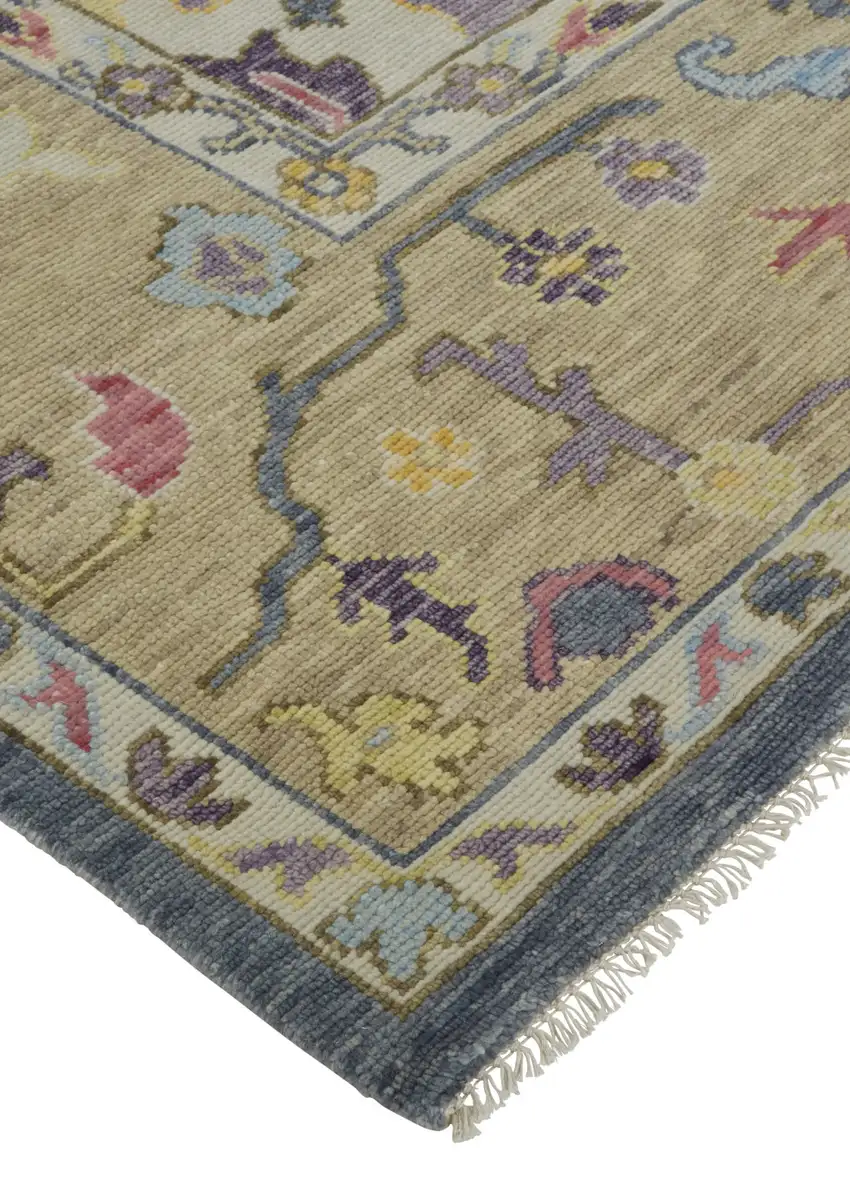 Gold Blue and Purple Wool Oriental Hand Knotted Area Rug With Fringe Photo 2