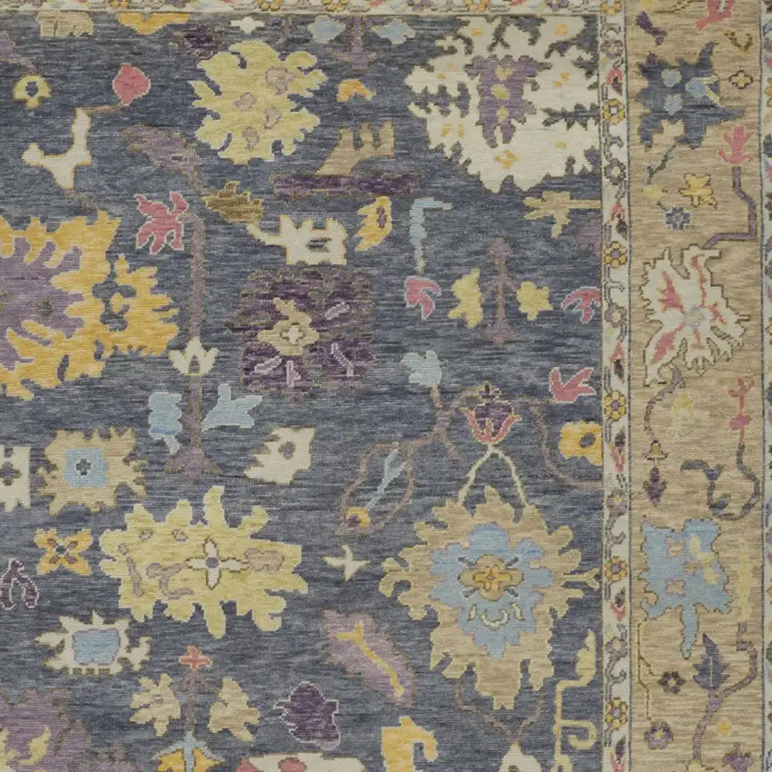 Gold Blue and Purple Wool Oriental Hand Knotted Area Rug With Fringe Photo 6