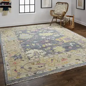 Photo of Gold Blue and Purple Wool Oriental Hand Knotted Area Rug With Fringe
