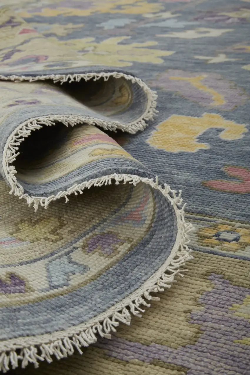 Gold Blue and Purple Wool Oriental Hand Knotted Area Rug With Fringe Photo 8