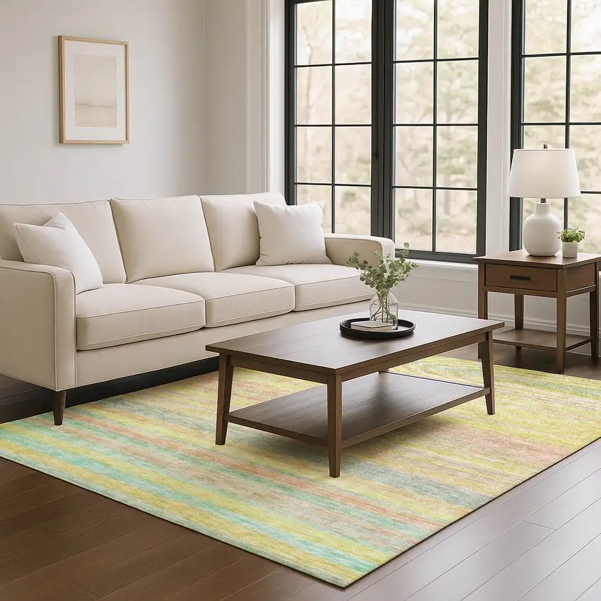 Gold Blush And Teal Striped Washable Area Rug With UV Protection Photo 2