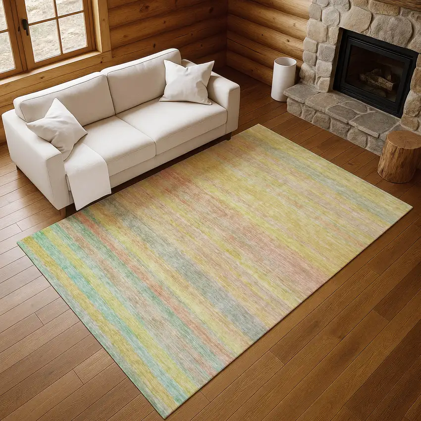 Gold Blush And Teal Striped Washable Area Rug With UV Protection Photo 3