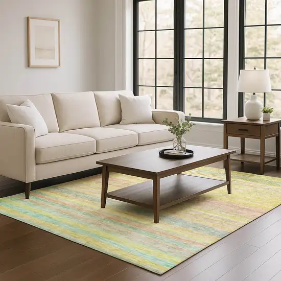 Gold Blush And Teal Striped Washable Area Rug With UV Protection Photo 2