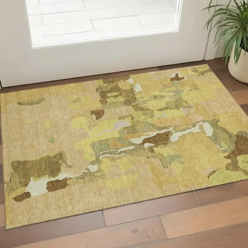 Gold Brown And Beige Abstract Washable Area Rug With UV Protection Photo 1