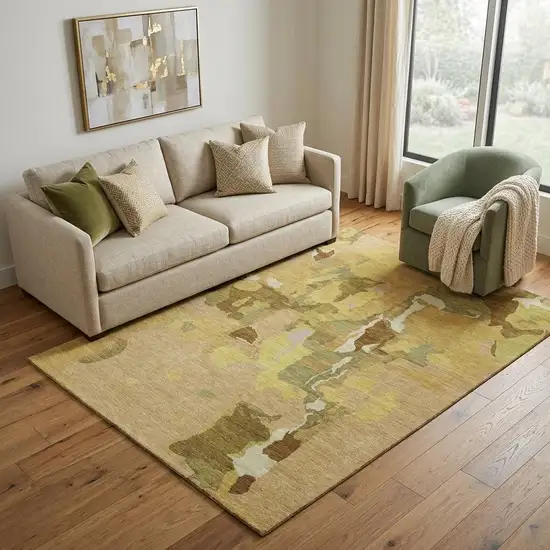 Gold Brown And Beige Abstract Washable Area Rug With UV Protection Photo 1