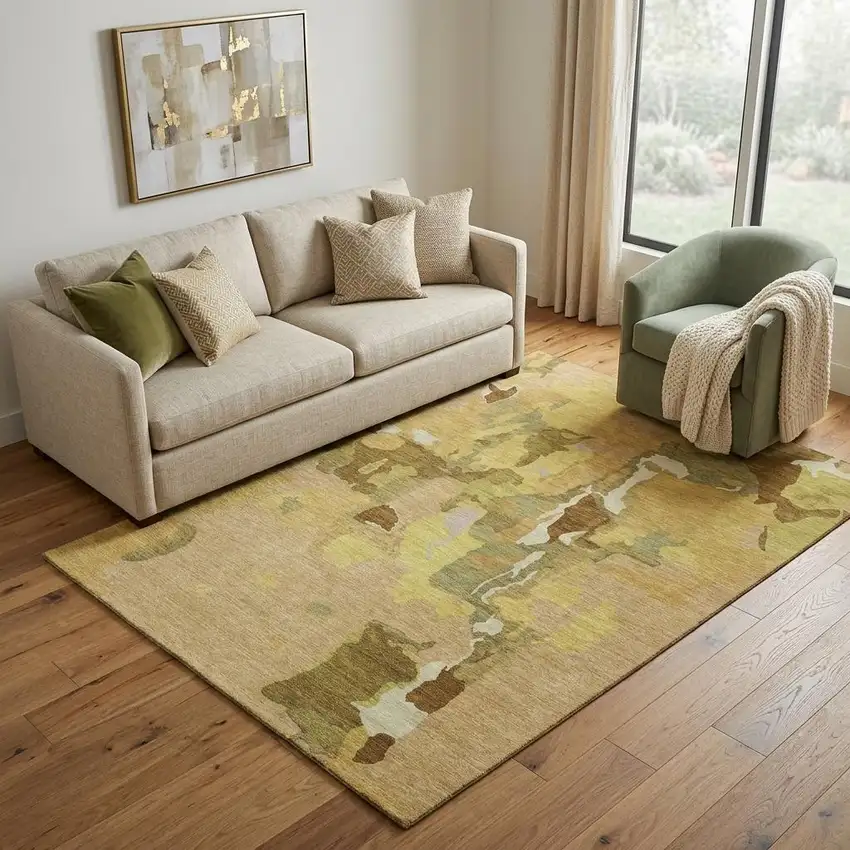 Gold Brown And Beige Abstract Washable Area Rug With UV Protection Photo 1