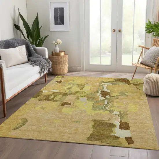 Gold Brown And Beige Abstract Washable Area Rug With UV Protection Photo 4