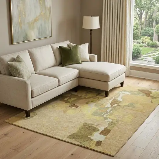 Gold Brown And Beige Abstract Washable Area Rug With UV Protection Photo 1