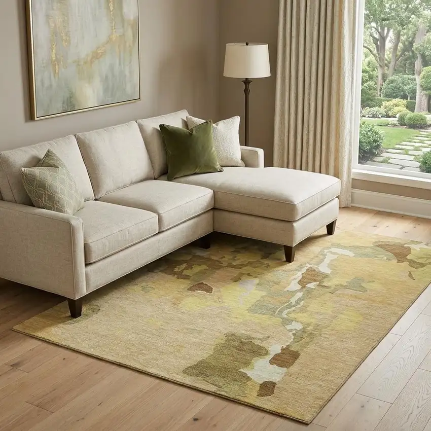 Gold Brown And Beige Abstract Washable Area Rug With UV Protection Photo 1
