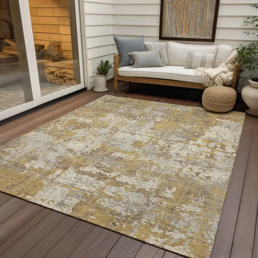 Gold Brown And Beige Abstract Washable Indoor Outdoor Area Rug Photo 8