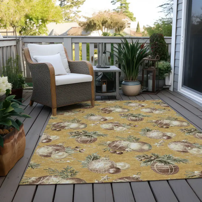 Gold Brown And Beige Botanical Leaves Washable Indoor Outdoor Area Rug Photo 7