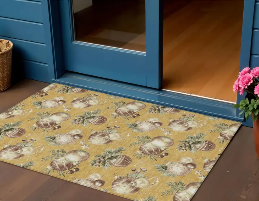 Gold Brown And Beige Botanical Leaves Washable Indoor Outdoor Area Rug Photo 2