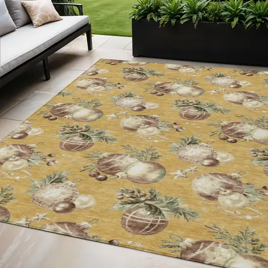 Gold Brown And Beige Botanical Leaves Washable Indoor Outdoor Area Rug Photo 2