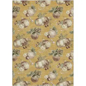 Photo of Gold Brown And Beige Botanical Leaves Washable Indoor Outdoor Area Rug