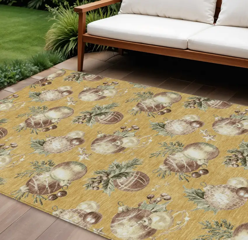 Gold Brown And Beige Botanical Leaves Washable Indoor Outdoor Area Rug Photo 2