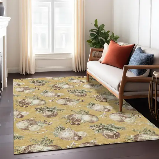 Gold Brown And Beige Botanical Leaves Washable Indoor Outdoor Area Rug Photo 6