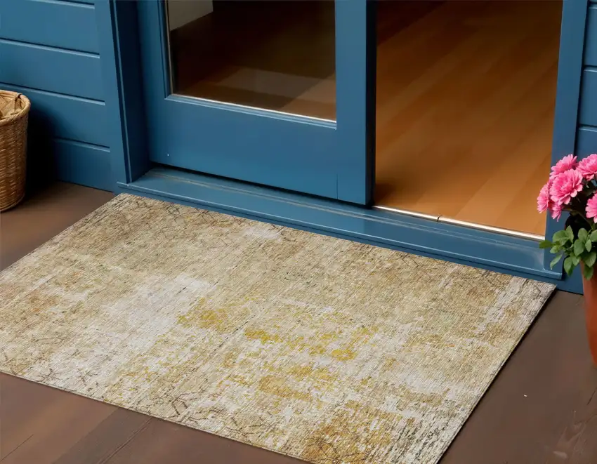Gold Brown And Beige Geometric Washable Indoor Outdoor Area Rug Photo 1
