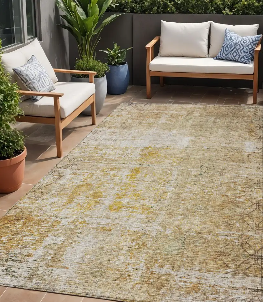 Gold Brown And Beige Geometric Washable Indoor Outdoor Area Rug Photo 1