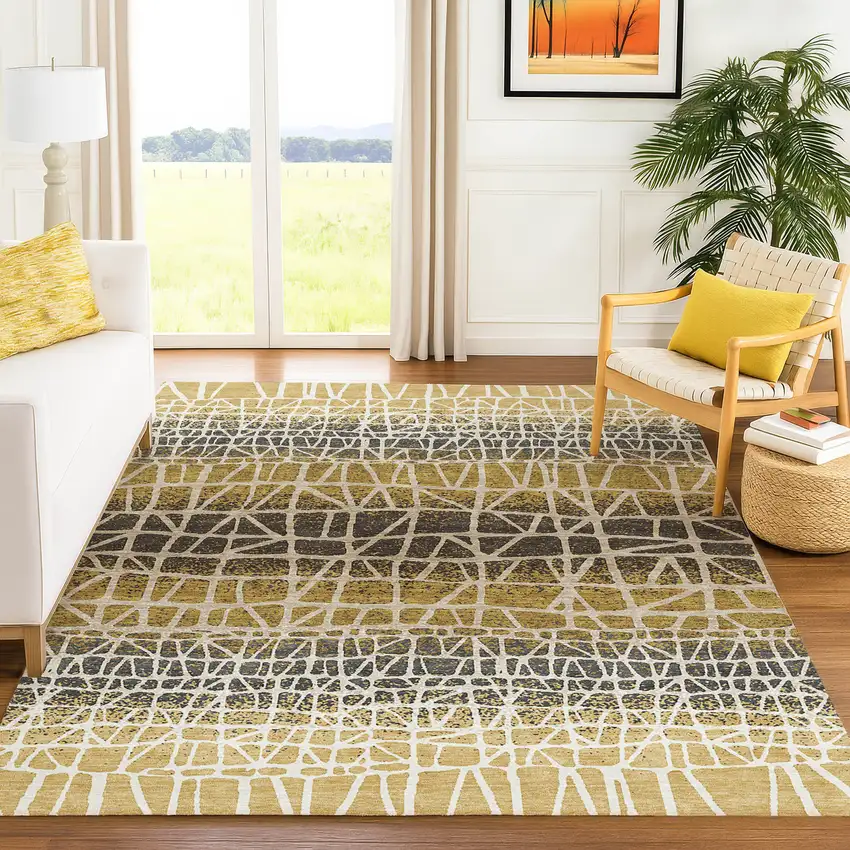 Gold Brown And Beige Geometric Washable Indoor Outdoor Area Rug Photo 4