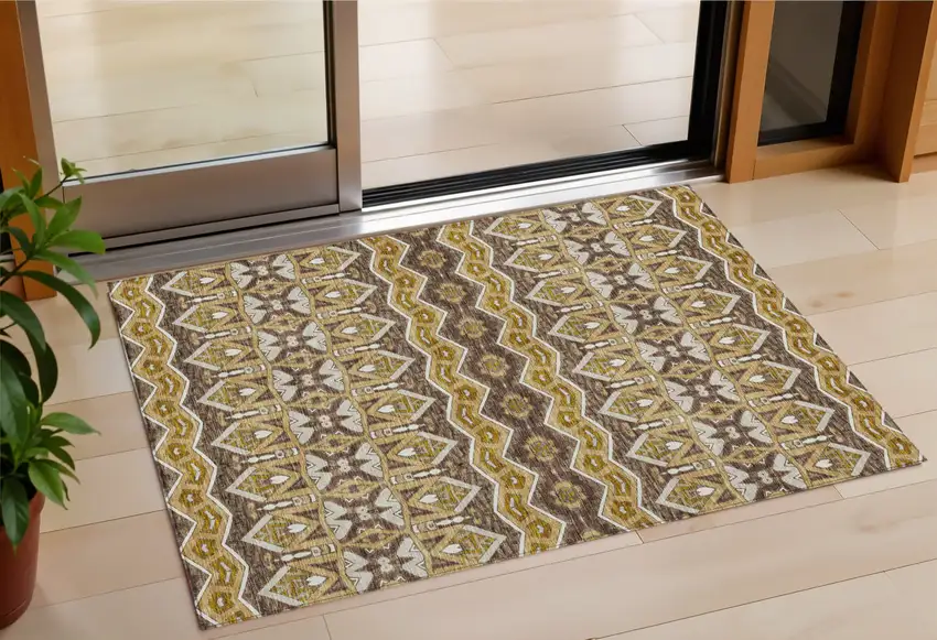 Gold Brown And Beige Moroccan Washable Indoor Outdoor Area Rug Photo 1