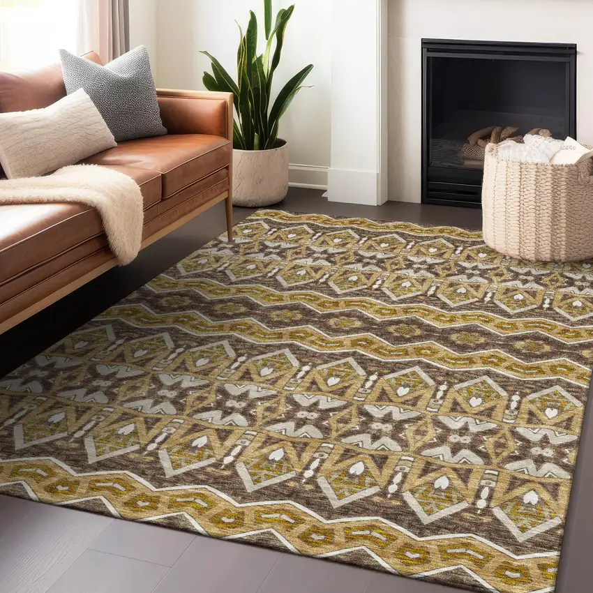 Gold Brown And Beige Moroccan Washable Indoor Outdoor Area Rug Photo 9