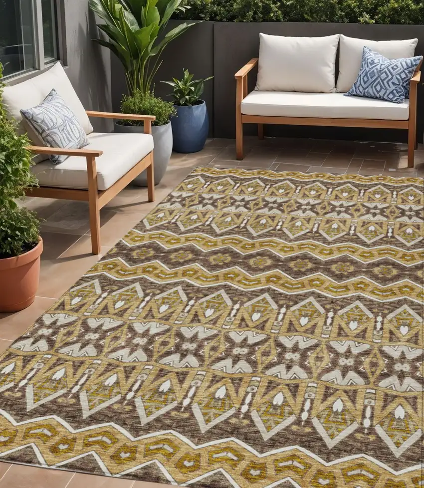Gold Brown And Beige Moroccan Washable Indoor Outdoor Area Rug Photo 1