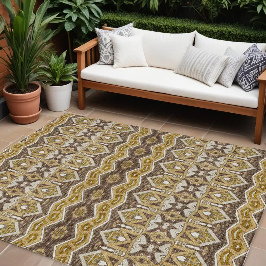 Gold Brown And Beige Moroccan Washable Indoor Outdoor Area Rug Photo 1