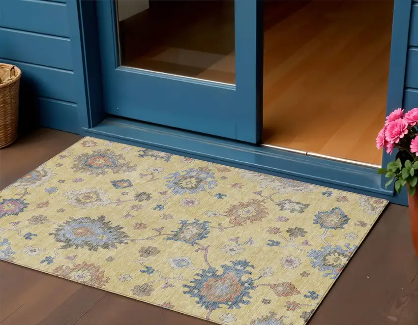 Gold Brown And Blue Floral Washable Indoor Outdoor Area Rug Photo 1