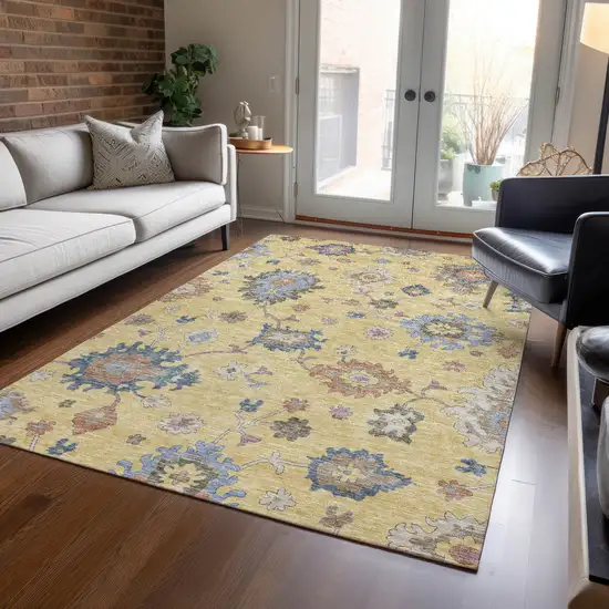 Gold Brown And Blue Floral Washable Indoor Outdoor Area Rug Photo 9