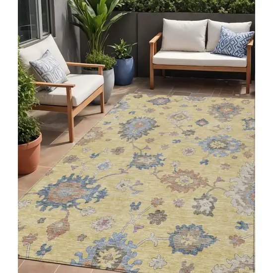 Gold Brown And Blue Floral Washable Indoor Outdoor Area Rug Photo 1