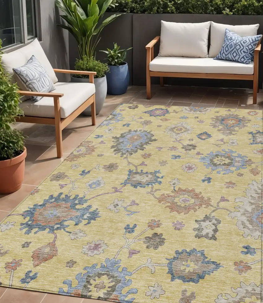 Gold Brown And Blue Floral Washable Indoor Outdoor Area Rug Photo 1