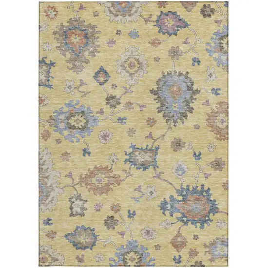 Gold Brown And Blue Floral Washable Indoor Outdoor Area Rug Photo 8