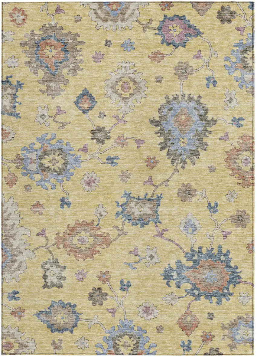Gold Brown And Blue Floral Washable Indoor Outdoor Area Rug Photo 8