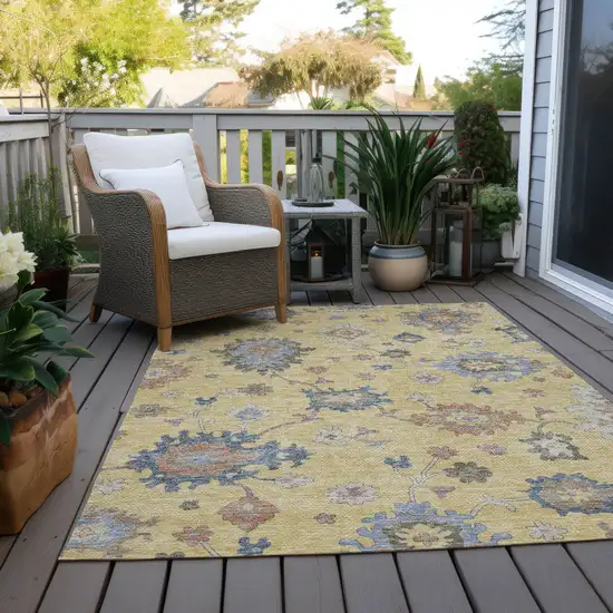 Gold Brown And Blue Floral Washable Indoor Outdoor Area Rug Photo 9