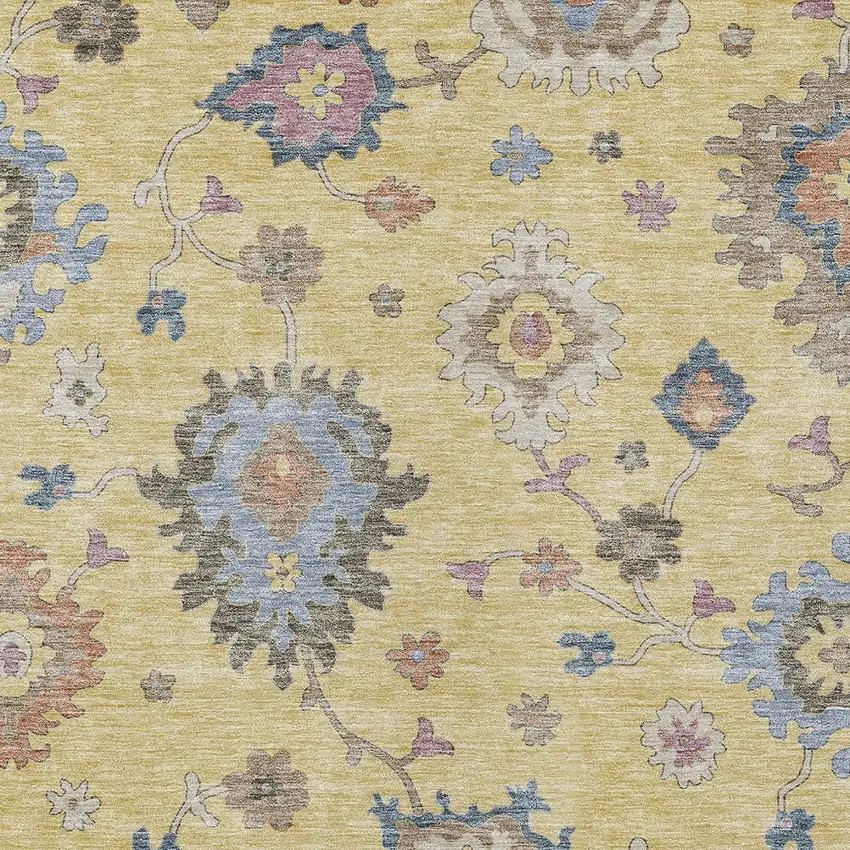 Gold Brown And Blue Floral Washable Indoor Outdoor Area Rug Photo 7