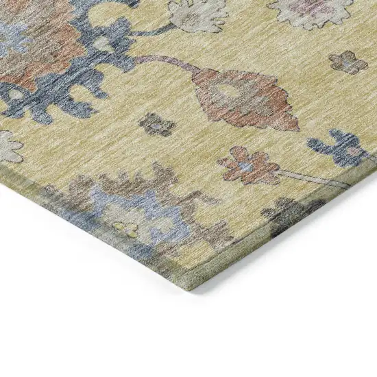 Gold Brown And Blue Floral Washable Indoor Outdoor Area Rug Photo 5