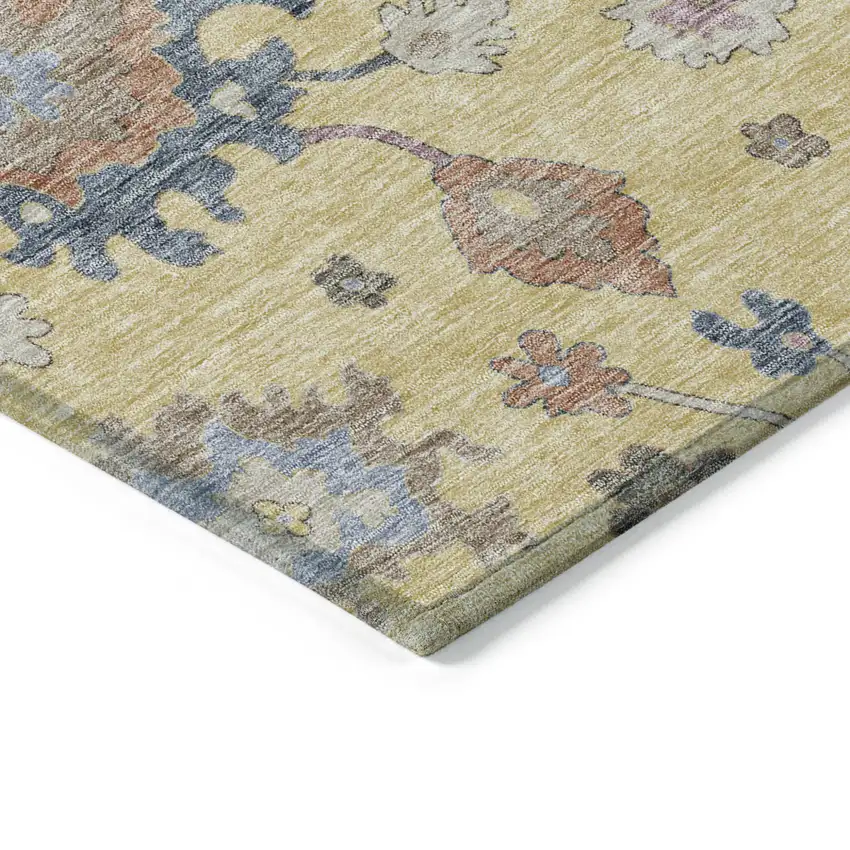 Gold Brown And Blue Floral Washable Indoor Outdoor Area Rug Photo 5