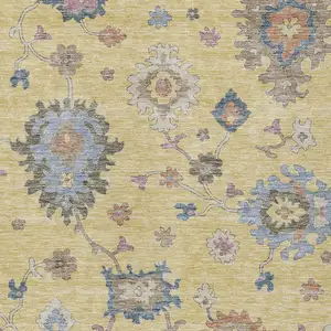 Photo of Gold Brown And Blue Floral Washable Indoor Outdoor Area Rug