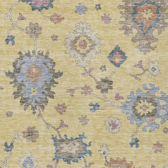Gold Brown And Blue Floral Washable Indoor Outdoor Area Rug Photo 7