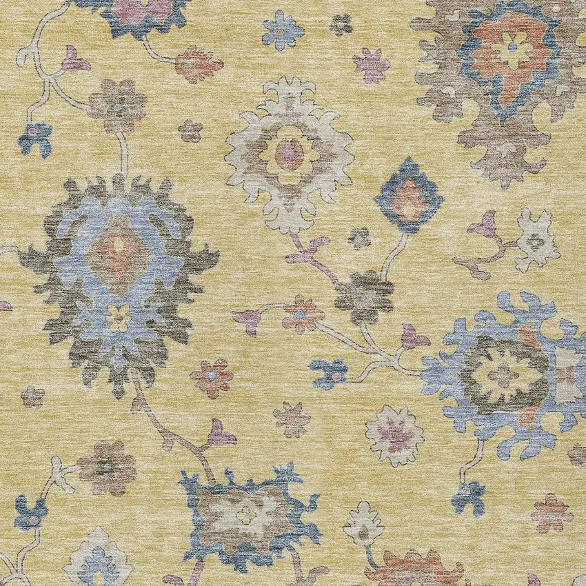Gold Brown And Blue Floral Washable Indoor Outdoor Area Rug Photo 7